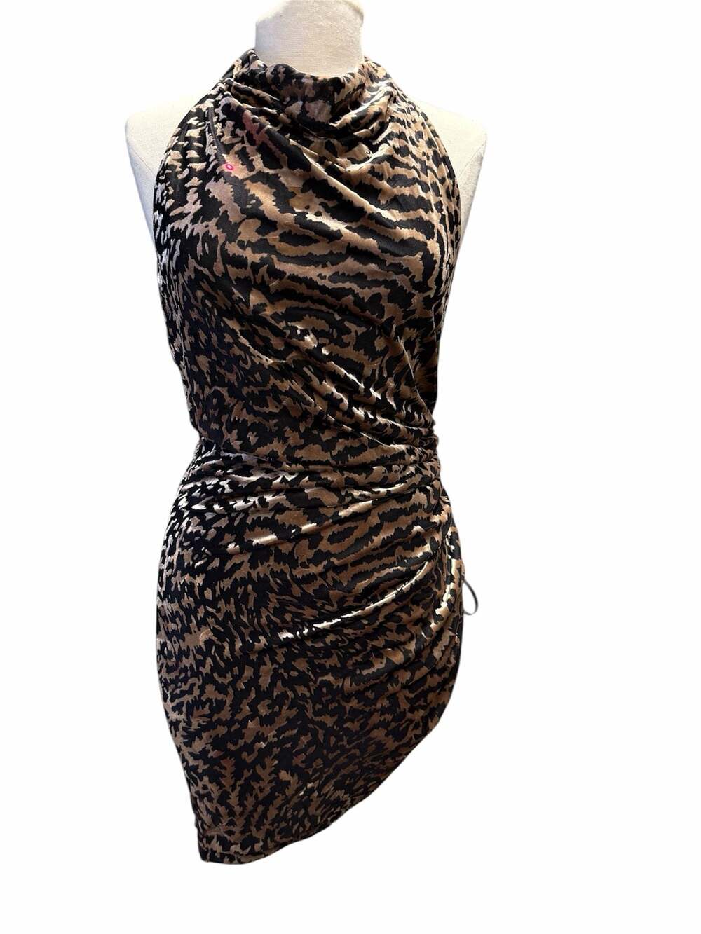 ACOA Animal Print Velvet Ruched Mini Dress Size L - Picture 2 of 9